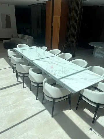 Modern Original Italian Calacatta Marble Dining Table with 12 Upholstered Chairs