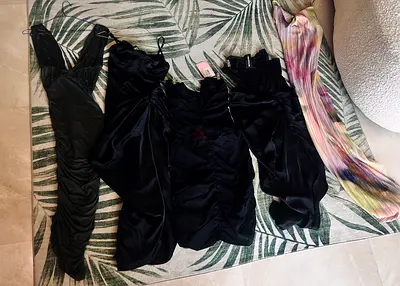 Lot of womens dresses and evening tops - black satin pieces, size small with tags