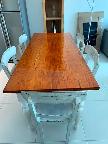 Solid Wood Dining Table with 6 Distressed White Chairs - Rustic Set