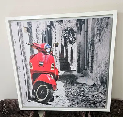 Framed Black White Photo with Red Vespa Accent