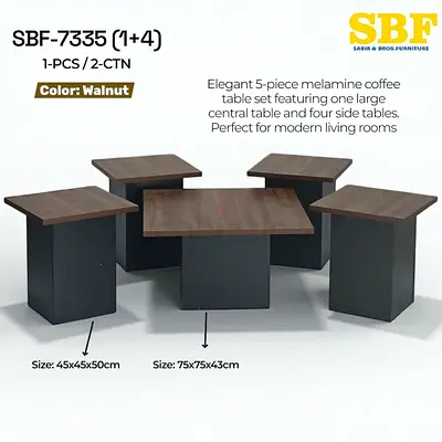 SBF-7335 5-piece Melamine Coffee Table Set (Walnut) - Central Table + 4 Side Tables