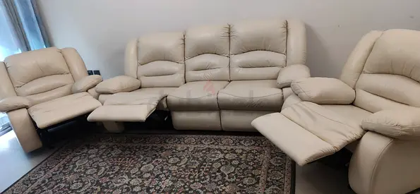 Beige 3-seater Leather Recliner Sofa with Two Matching Recliner Chairs