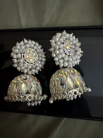 Pair of silver-tone jhumka earrings with pearl beads and crystal accents