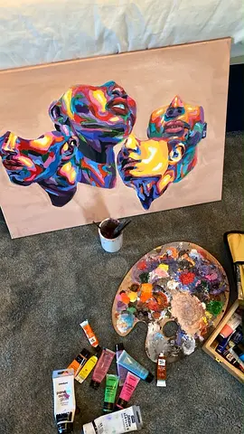 Original colorful abstract portrait painting on canvas with artist palette
