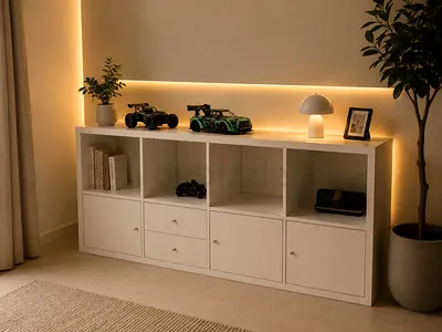Modern White Storage Unit with Shelves and Drawers