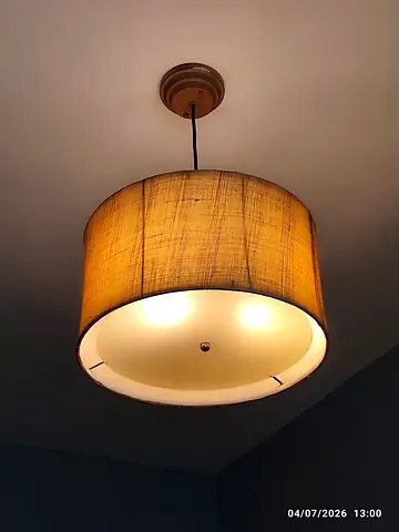 Ceiling light with woven fabric drum shade - warm wood finish