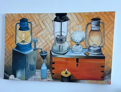 Hand-painted Still Life Canvas with Vintage Lanterns and Chest