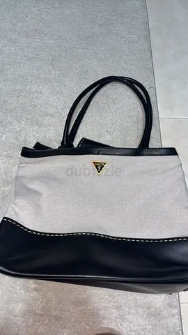 Guess travel bag big size \ Beige and Black Canvas Tote Bag with Double Handles (Good Condition)