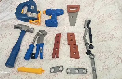 Kids Pretend Tool Set — Drill, Saw, Hammer and Accessories (Good Used Condition)