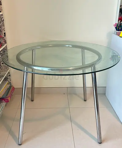 Round Glass Dining Table with Detachable Stainless Steel Legs - Good Condition
