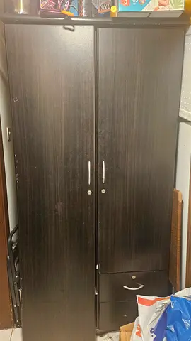 Dark Brown 2-Door Wooden Wardrobe with Drawer – Good Condition