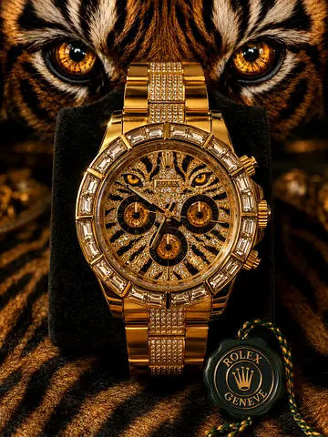 Rolex Gold Diamond-Set Chronograph Watch — Tiger Motif