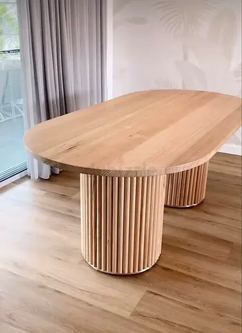Modern Oval Wooden Dining Table with Fluted Pedestal Bases