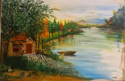 BIG Original hand painted Landscape Oil Painting of Lakeside Cottage and Boat