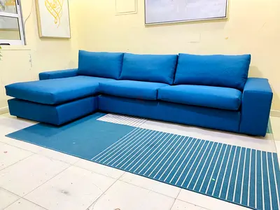 Blue L-shaped Fabric Sofa with Chaise - Good Condition