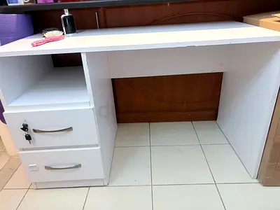 White Office Desk with Two Drawers and Shelves