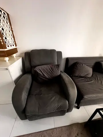 Comfortable grey fabric armchair with matching cushions, sofacome bed,queen bed frame with matress