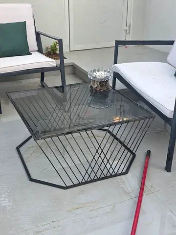 Black Metal Frame Glass Coffee Table - Modern Patio/Indoor