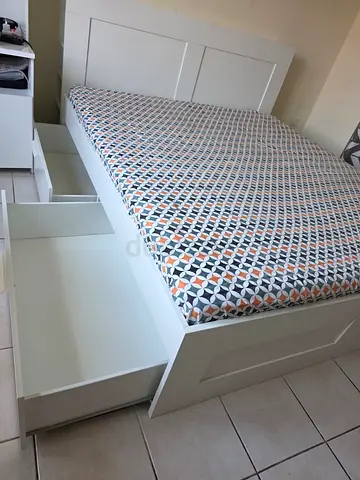 White Wooden Double Bed Frame with Headboard - Good Condition