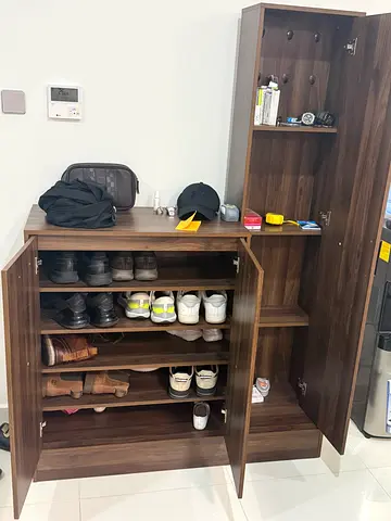 Wooden Shoe Cabinet with Upper Storage - Dark Walnut, Good Condition