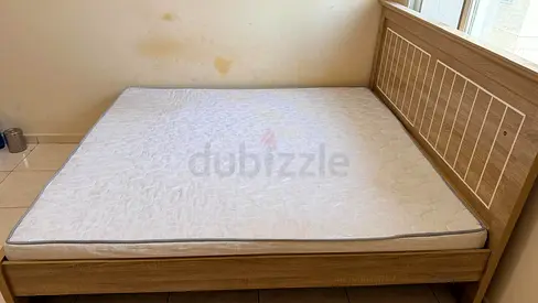 King wooden bed frame with mattress - light oak, excellent condition