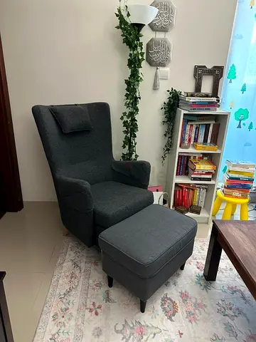 Comfortable Gray Ikea Armchair with Matching Ottoman - OMTÄNKSAM armchair and footstool