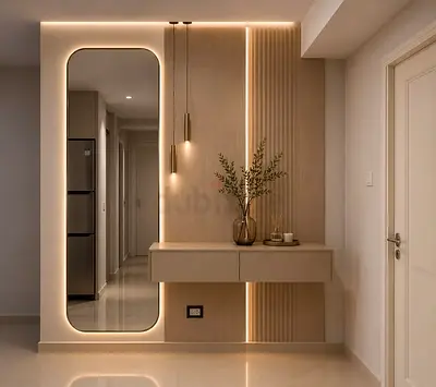 Wall-mounted floating console with LED mirror and wood paneling