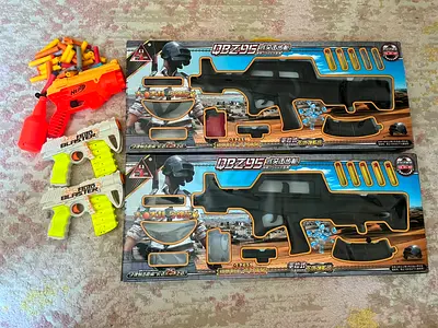 Kids Toy Gun Set - 2 Large Rifle Boxes (nerf)+ 3 Small Blasters (Used) Orbeez