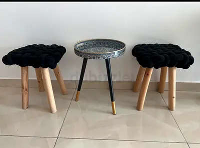 Set of 2 Knotted Black Stools with  hand Decorative Metal Side Table made