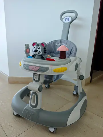 Grey Baby Walker with Interactive Toy Tray and Push Handle