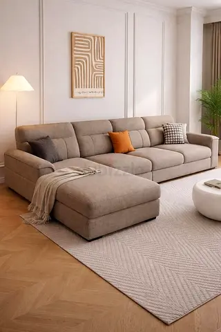 Large L-shaped Beige Fabric Sofa with Chaise - Good Condition