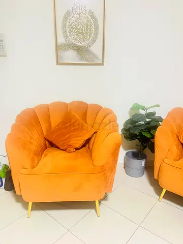 Mustard Orange Scalloped Shell Sofa with Gold Legs