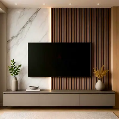 Modern wall-mounted TV entertainment unit with marble and slatted wood backdrop