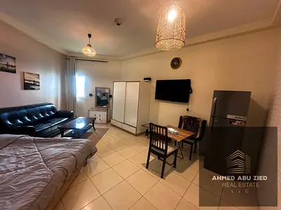 Luxurious and beautiful fully furnished studio apartment for annual rent in Orient Towers. Features include a gym, swimming pool, free parking, balcon