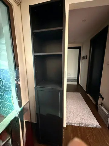 Ikea wooden cabin with open shelves