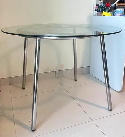 Round Glass Dining Table with Detachable Stainless Steel Legs - Good Condition