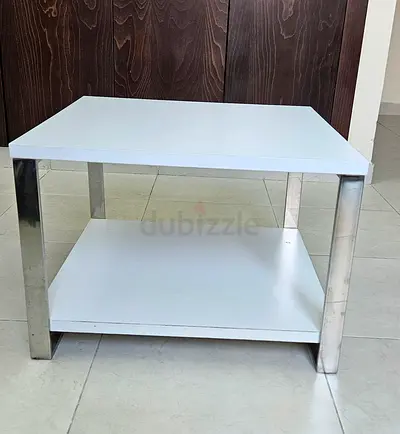 White square side table with lower shelf and chrome legs