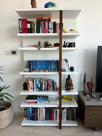 Designer Floating-Shelf Bookcase / Display Unit — White Gloss  Walnut, 198cm