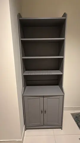 Grey Wooden Storage Cabinet with Open Shelves and Double Door Cupboard