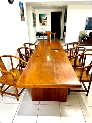 Solid Wood Dining Table with 7 Curved Back Chairs - Natural Finish