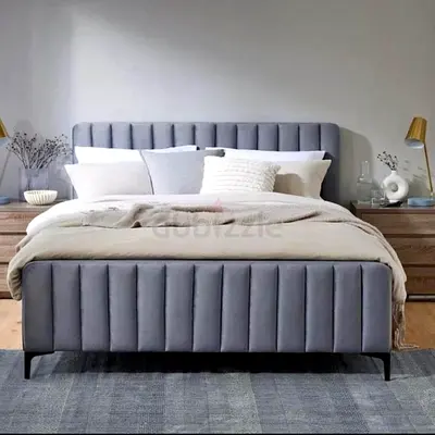 Grey Fabric Upholstered Bed Frame with Vertical Stitching