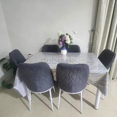 6-seater dining table with upholstered grey chairs (set of 6)