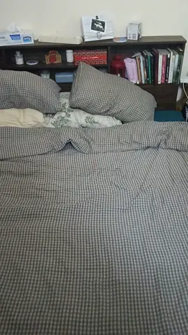 Queen bed with attached headboard shelf - used, good condition