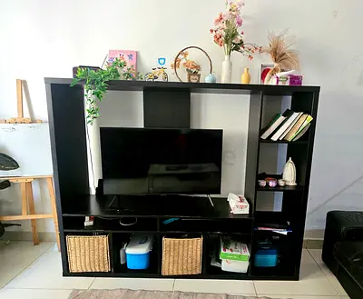 Large dark wood TV table / entertainment TV unit with shelves and storage