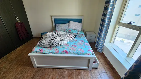 White wooden double bed with storage - good condition