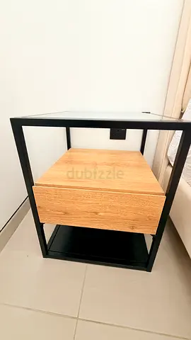 Modern industrial 1 side table with drawer - black frame, glass  oak finish