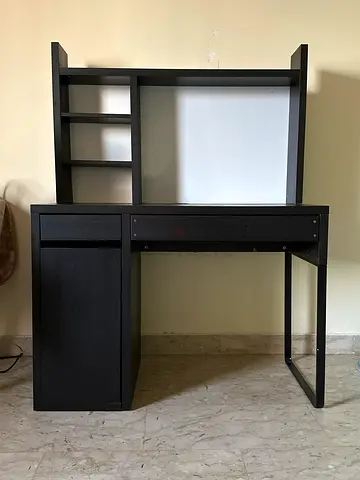 Dark wood study desk with hutch and storage cabinets