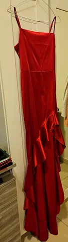 Red satin evening gown with ruffle detail, size 8-10