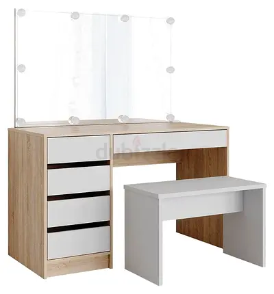 Wooden Dressing Table with Lighted Mirror and Bench -