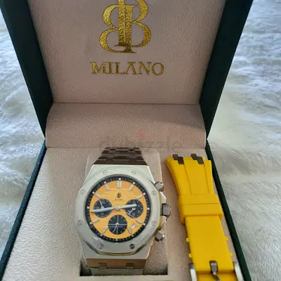 Milano stainless steel chronograph watch with yellow dial and extra strap